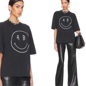 Anine Bing Black Short Sleeve Tee with White Smiley Logo